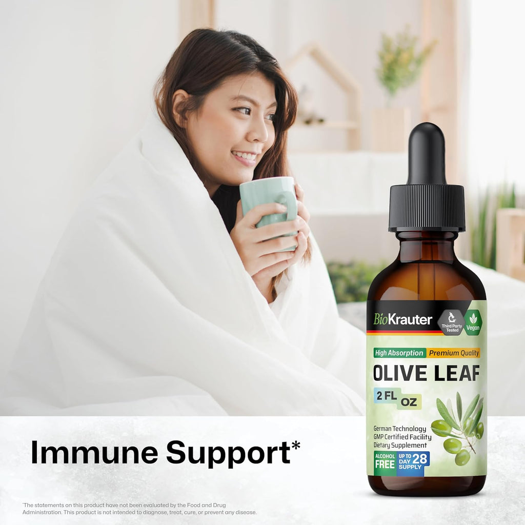 BIO KRAUTER Olive Leaf Extract Liquid - Olive Leaf Tincture for Immune Support - Alcohol and Sugar Free - Vegan Drops 2 Fl.Oz.