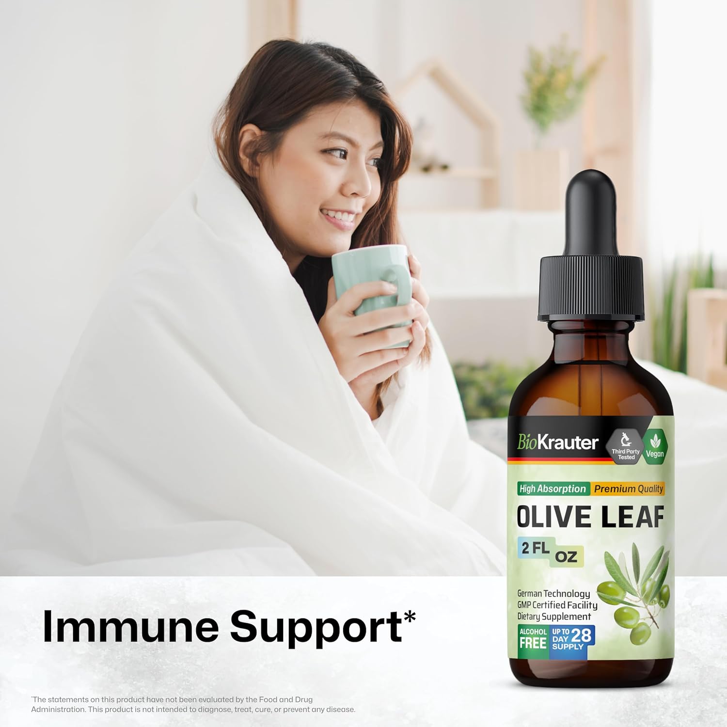 BIO KRAUTER Olive Leaf Extract Liquid - Olive Leaf Tincture for Immune Support - Alcohol and Sugar Free - Vegan Drops 2 Fl.Oz.