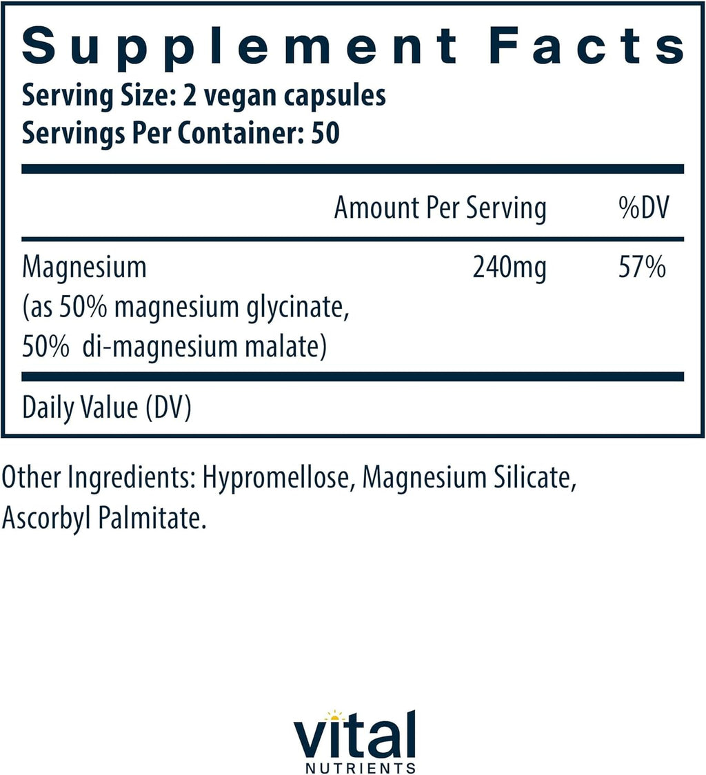 Vital Nutrients Magnesium Glycinate + Malate | 120mg Vegan Magnesium Supplement for Women and Men | Muscle, Heart, Bone Support* | Promotes Relaxation | Gluten, Dairy and Soy Free | 100 Capsules