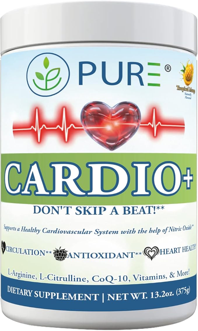 PURE Cardio+ Drink Mix, Mango, L-Arginine 5000mg, L-Citrulline 1000mg, Vitamins B12, C, D3, Beet Root, 30 Servings, 373.5 Grams, Premium Wellness Support, Nitric Oxide, Cardio