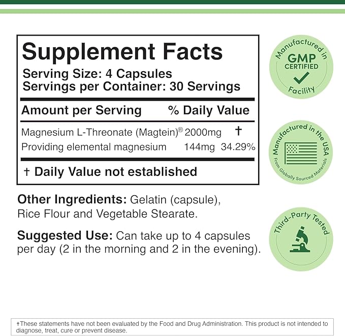 Magnesium L Threonate, Magtein, Sleep and Cognitive Support – High Absorption – Most Bioavailable Form of Magnesium – 2,000 mg – 120 Capsules
