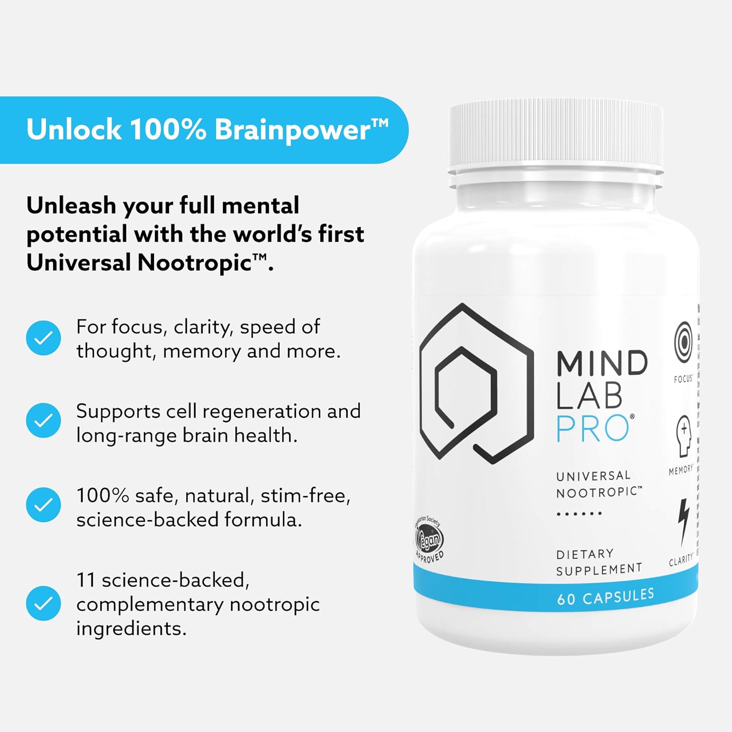 Mind Lab Pro® Universal Nootropic™ Brain Booster Supplement for Focus, Memory, Clarity, Energy - 60 Capsules - Plant-Based, Naturally Sourced Memory Vitamins for Better Brain Health