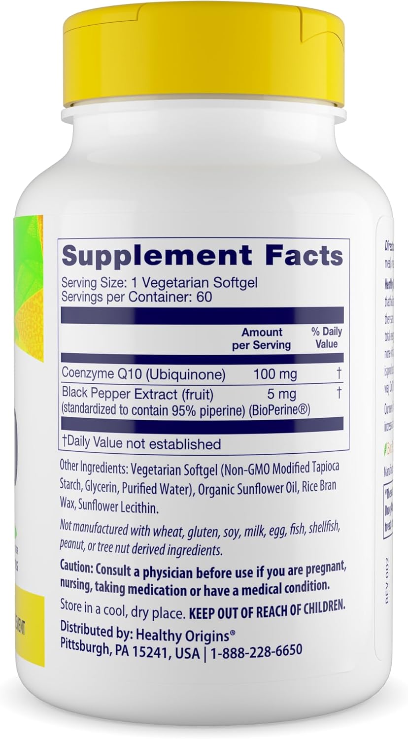 Healthy Origins Natural Enhanced CoQ10 (BioPerine®), 100 mg - Heart Health & Energy Supplement - Gluten-Free & Non-GMO Supplements, with BioPerine & Sunflower Lecithin ((Pack of 1) 60 Veggie Gels)