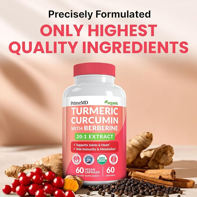 5-in-1 USDA Organic Turmeric Curcumin Supplement - 230mg with Berberine, Ceylon Cinnamon Bioperine and Ginger Supplements for Mobility, Digestion & Wellness Support, USDA Organic, 60 Servings, 1-Pack