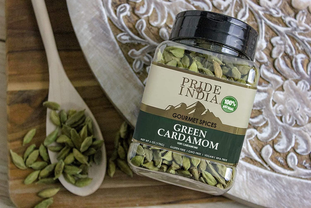 Pride of India - PACK of 6 - Green Cardamom Whole – Gourmet & Aromatic Spice – Flavoring agent for bakes/teas/drinks & more – Full Bodied Green Pods – 6 oz. Medium Dual Sifter Jar