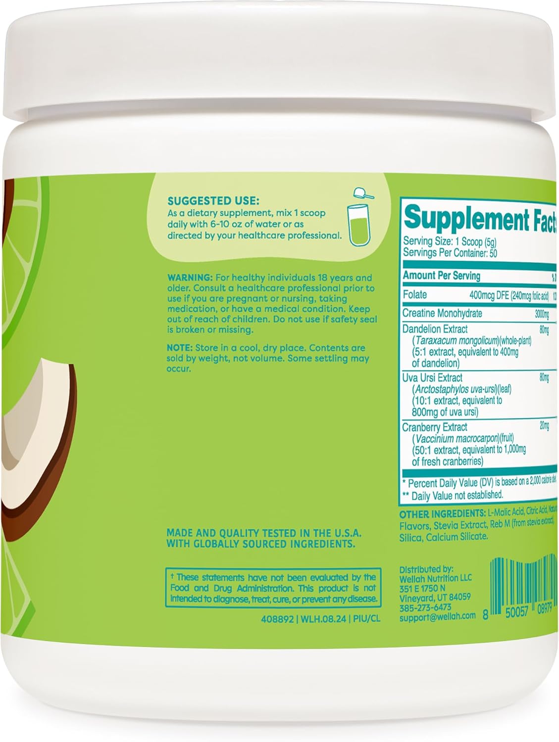 Wellah Creatine for Women - Creatine Monohydrate with Dandelion & Cranberry Extract (50 Servings, Coconut Lime)
