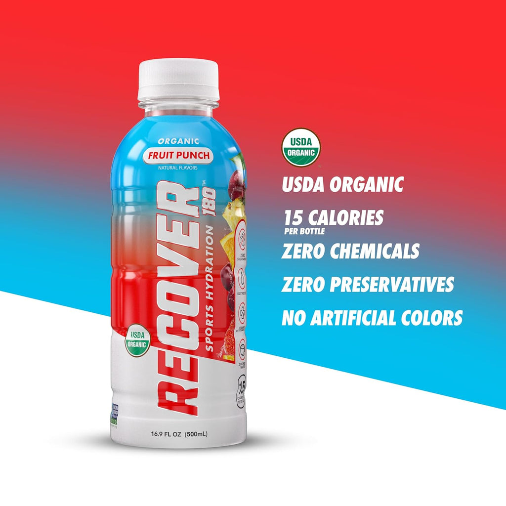 RECOVER 180 Organic Sports Hydration Drink, No Sugar Added, 20 Calorie Sports Beverage, Organic Flavors With Vitamins, Potassium-Packed Electrolytes (16.9 Fl Oz (Pack of 12), Fruit Punch)