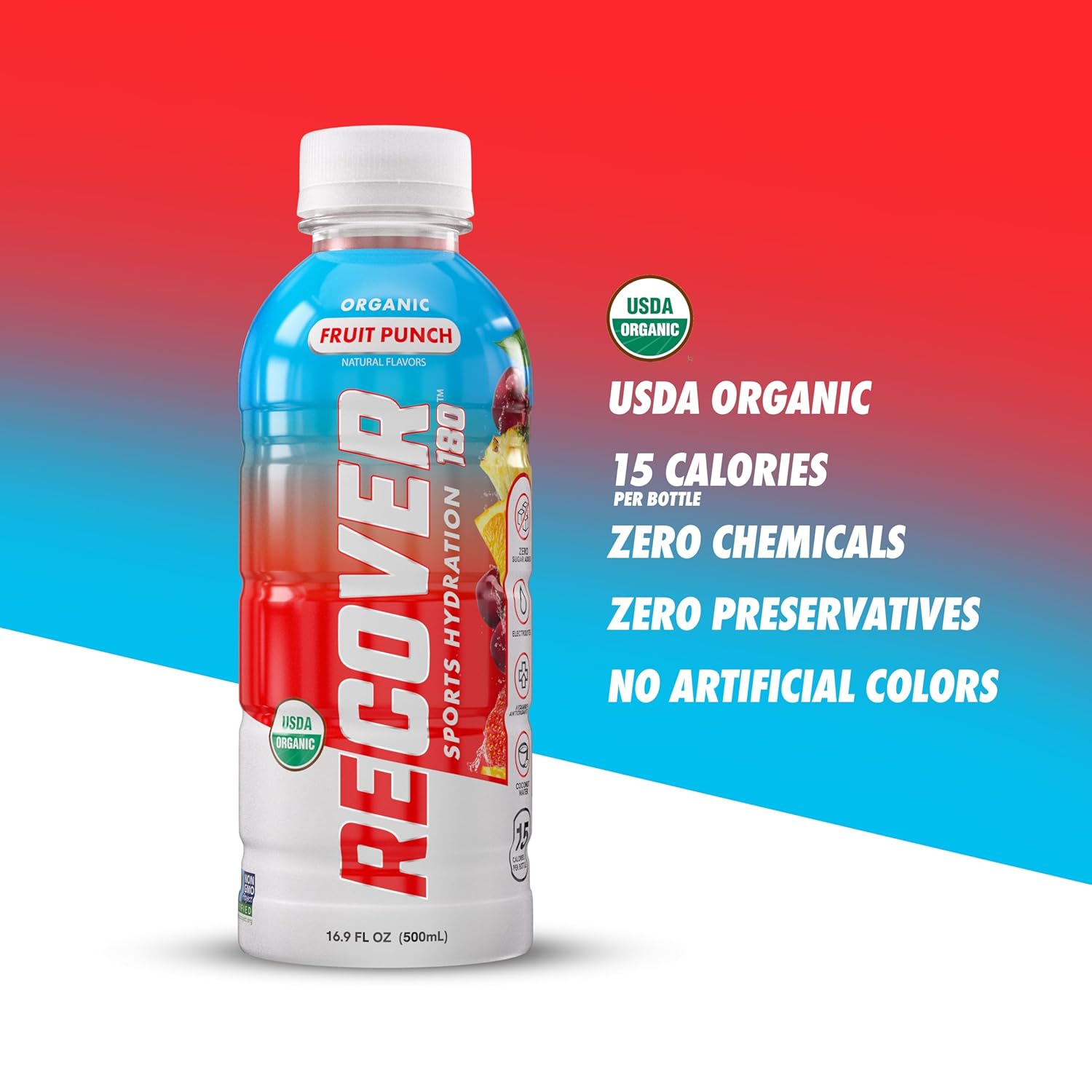 RECOVER 180 Organic Sports Hydration Drink, No Sugar Added, 20 Calorie Sports Beverage, Organic Flavors With Vitamins, Potassium-Packed Electrolytes (16.9 Fl Oz (Pack of 12), Fruit Punch)
