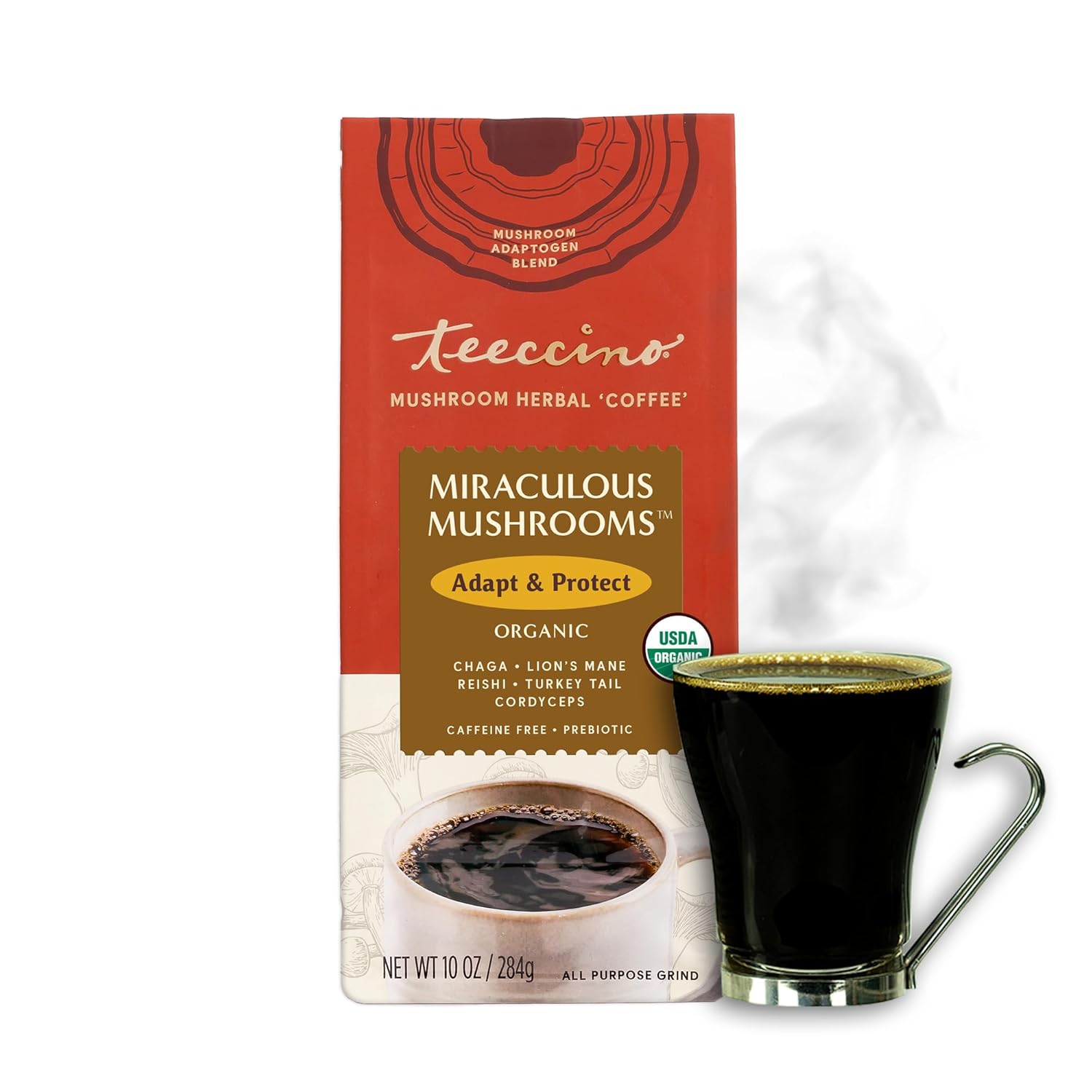 Teeccino Miraculous Mushrooms Adapt & Protect Coffee Alternative, 10 Oz – 5 Organic Adaptogenic Mushrooms with Chicory & Cacao, Caffeine Free, Prebiotic, Acid Free, All-Purpose Grind