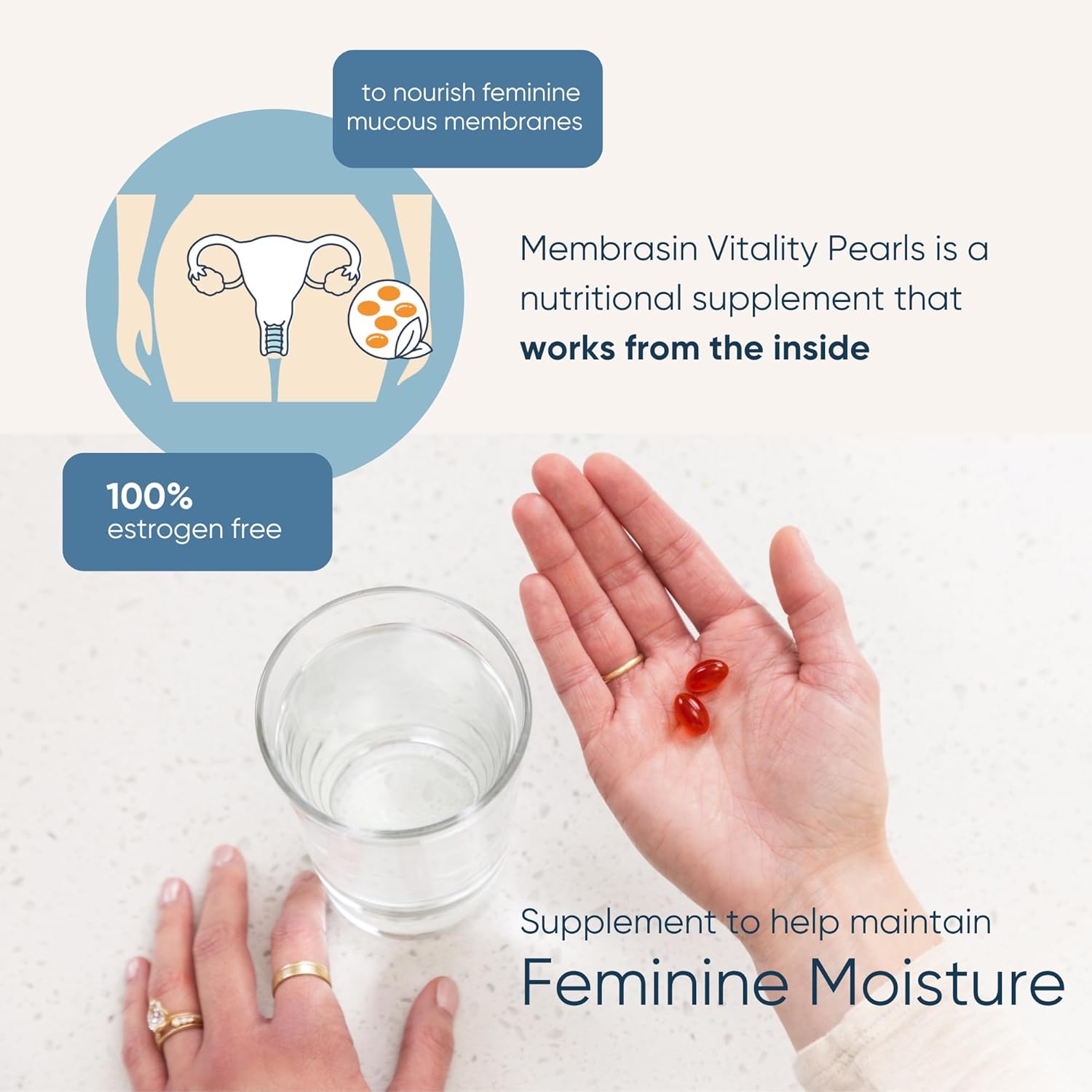 Membrasin Vaginal Moisture Support Vitality Pearls, Menopause Supplement for Vaginal Dryness & Itch, Estrogen-Free Supplement, 100% Natural Formula, Made with Sea Buckthorn Oil, 30 Oral Softgels