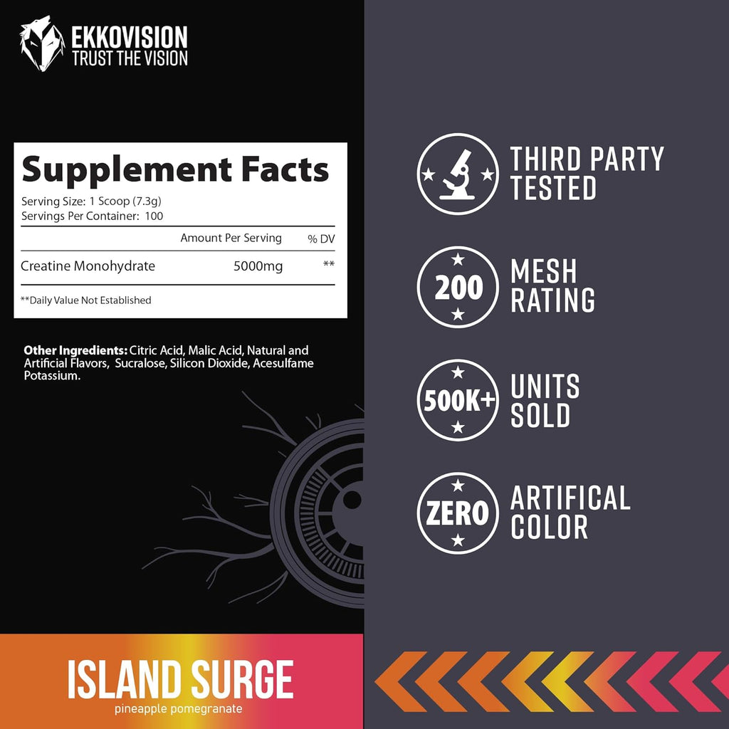 Creatine Monohydrate Powder, Micronized, Island Surge, Pre Workout & Post Workout Supplement for Men & Women, Energy Support, Easy to Mix in Shakes, Smoothies & Beverages, 100 Servings