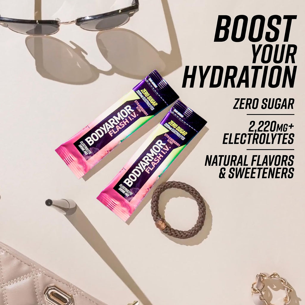BODYARMOR Flash IV Electrolyte Packets, Strawberry Kiwi, Lemon Lime, & Tropical Punch Variety Pack - Zero Sugar Drink Mix, Single Serve Packs, Coconut Water Powder (15 Count)