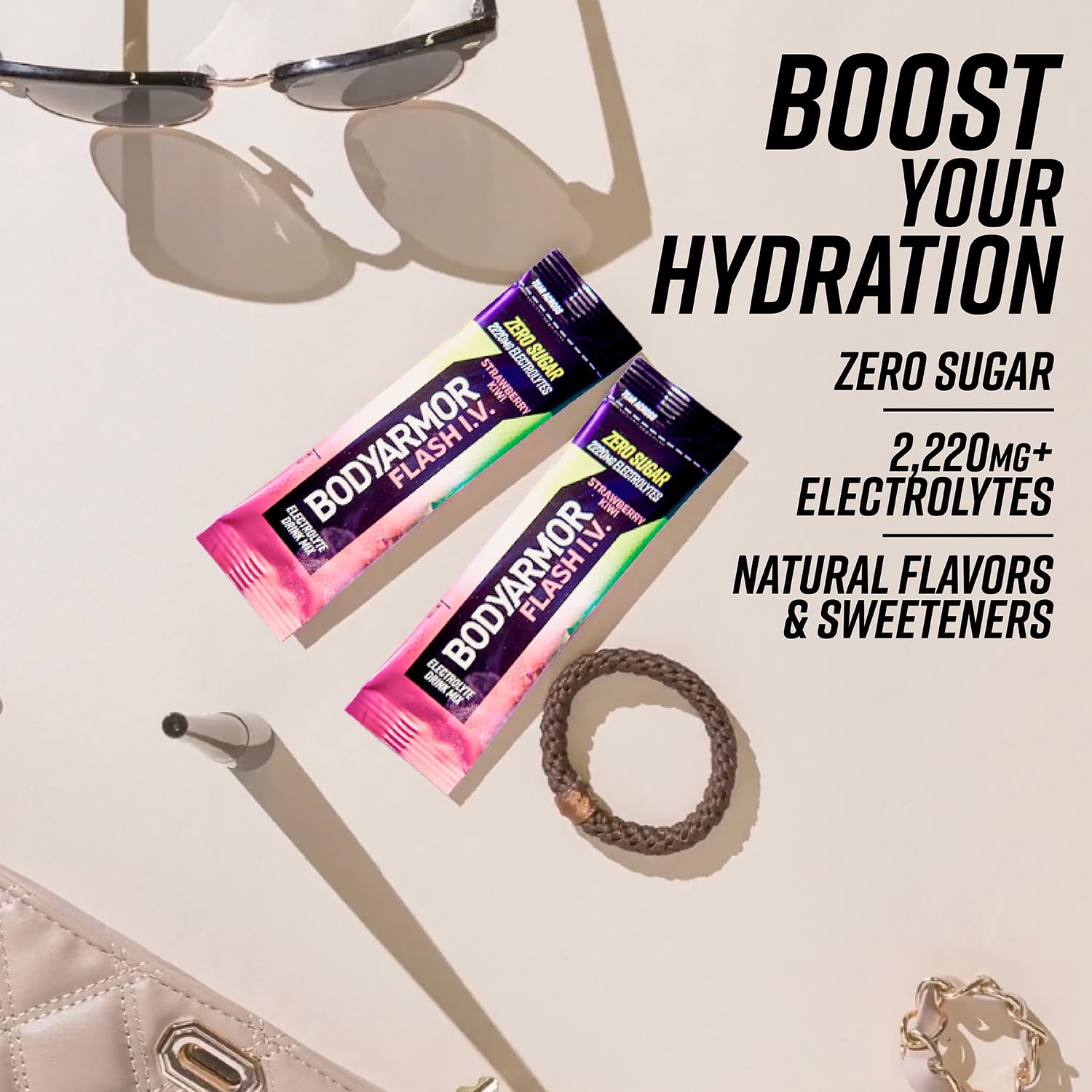 BODYARMOR Flash IV Electrolyte Packets, Strawberry Kiwi, Lemon Lime, & Tropical Punch Variety Pack - Zero Sugar Drink Mix, Single Serve Packs, Coconut Water Powder (15 Count)