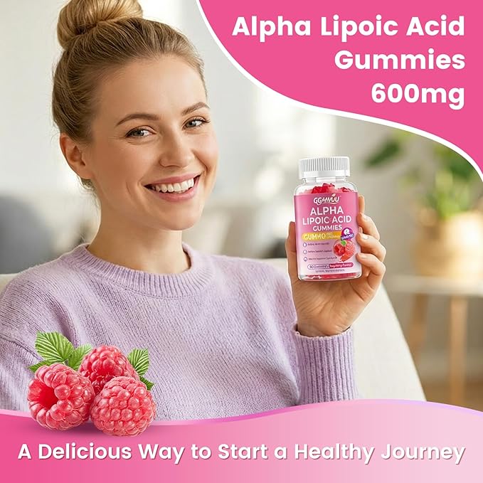 2 Pack Alpha Lipoic Acid Gummies 600mg, High Absorption Chewable ALA Supplement, Raspberry Flavor, Vegan, Sugar Free, 120 Count