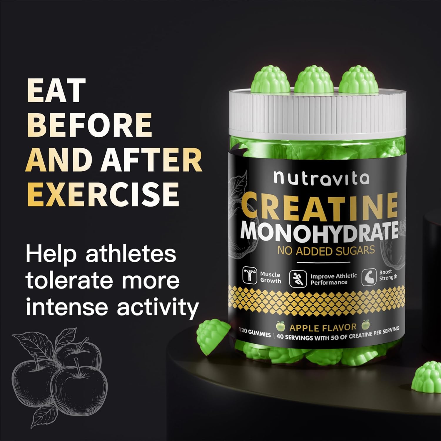 Creatine Monohydrate Gummies for Men & Women-5g of Creatine Monohydrate per Serving - Sugar Free,Vegan, Apple Flavor, 120 Count