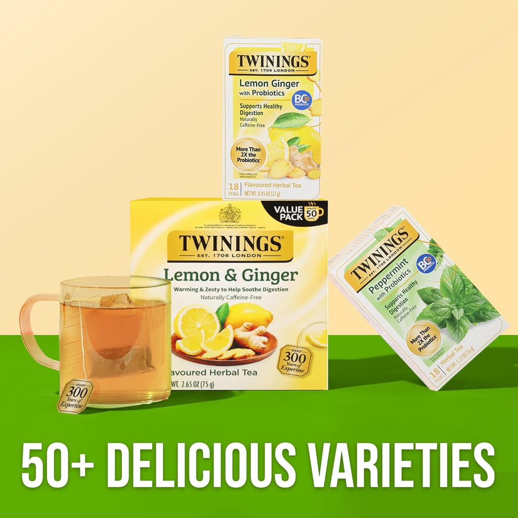 Twinings Superblends Probiotics+ Lemon & Ginger Flavoured Herbal Tea with Turmeric, Caffeine-Free, 18 Count (Pack of 1), Enjoy Hot or Iced, 18 Teabags
