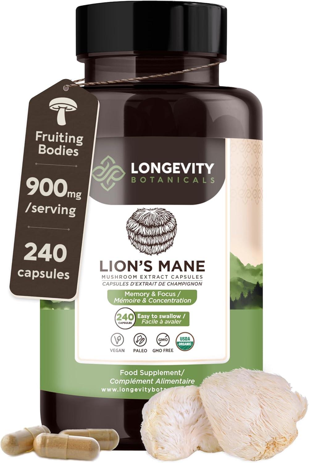 Longevity Botanicals Lion’s Mane Mushroom Extract Capsules (240) | Concentrated 8:1 Ratio | 100% Fruiting Bodies | Hericium Erinaceus Nootropic Supplement for Focus, Memory & Brain Support