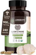 Longevity Botanicals Lion’s Mane Mushroom Extract Capsules (240) | Concentrated 8:1 Ratio | 100% Fruiting Bodies | Hericium Erinaceus Nootropic Supplement for Focus, Memory & Brain Support