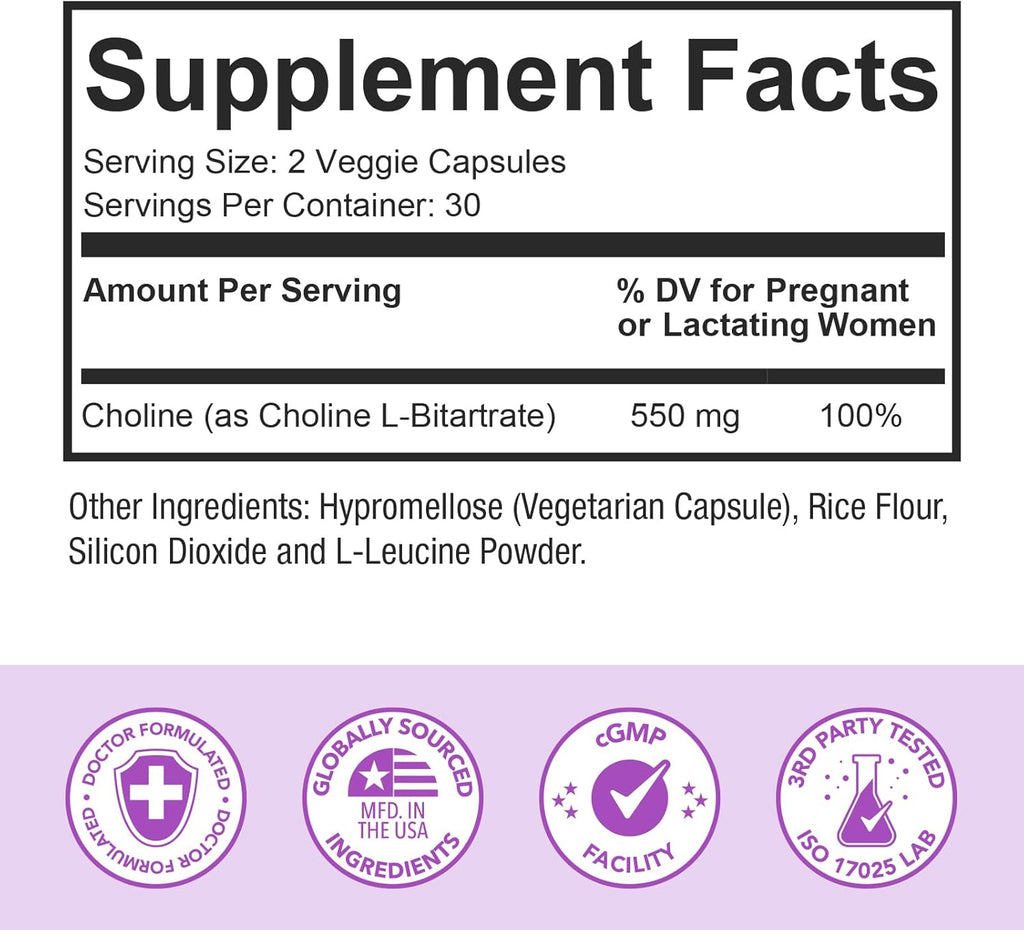 Premom Prenatal Choline Bitartrate Supplement: 550mg for Cognitive Development Meet Daily Needs– Nutritional Support for Pregnancy & Metabolism, Baby Brain Development – 60 Capsules, 30 Days Supply