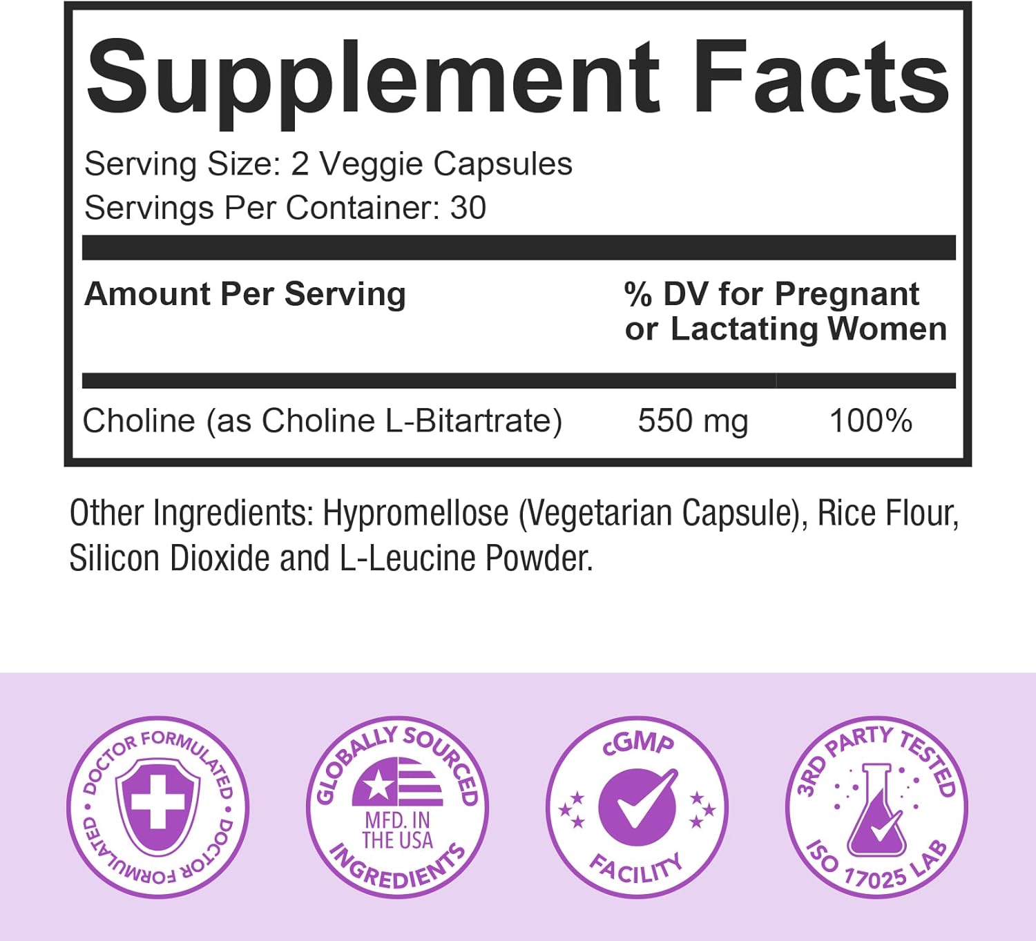 Premom Prenatal Choline Bitartrate Supplement: 550mg for Cognitive Development Meet Daily Needs– Nutritional Support for Pregnancy & Metabolism, Baby Brain Development – 60 Capsules, 30 Days Supply