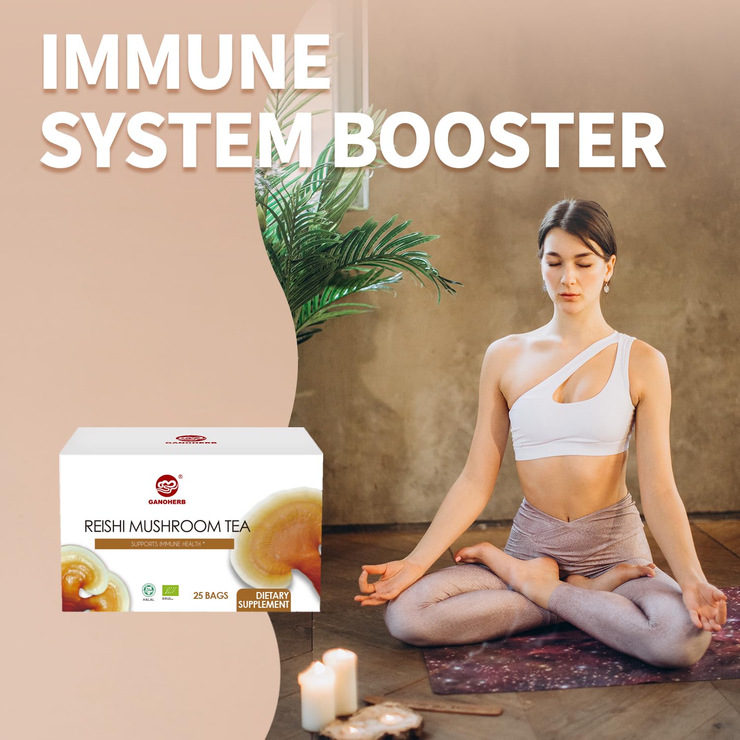GANOHERB Reishi Mushroom Tea, Adaptogen Ganoderma Lucidum Herbal Tea for Immune Health Boost, Stress Relief, Caffeine-Free, No Sugar, 25 Count (Pack of 1)