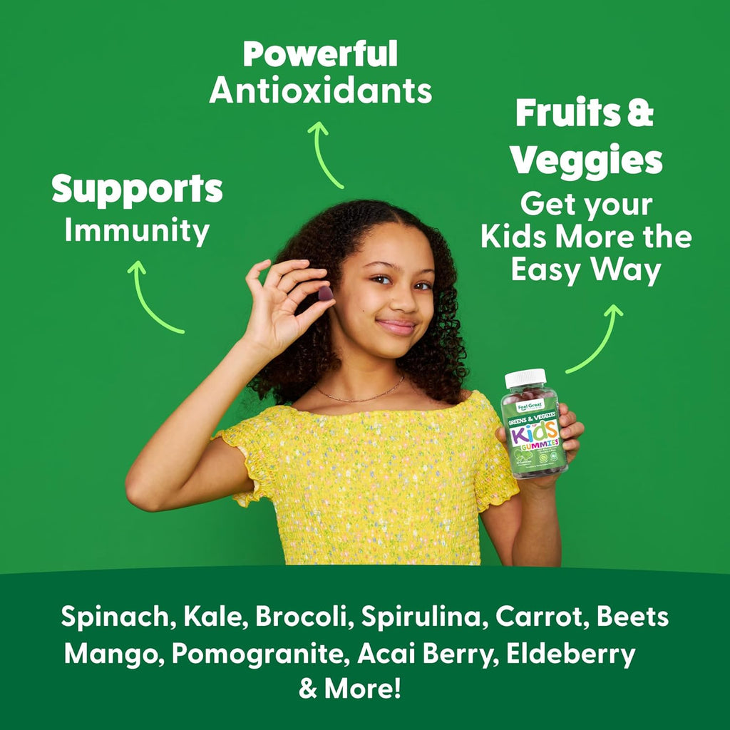 Feel Great Super Green Gummies for Kids | Fruit and Vegetable Gummies | Vegan Veggie Gummy Multivitamin for Kids | Veggie Fiber Supplement | 60 Count