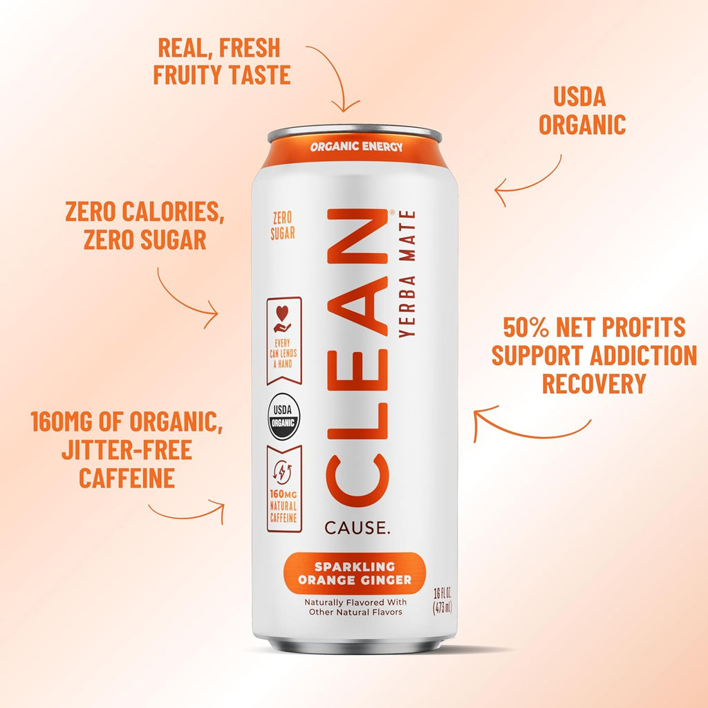 CLEAN Cause Zero Sugar Orange Ginger Yerba Mate Tea Sparkling, USDA Organic Energy Drink Alternative, Zero Calorie, 160mg Natural Caffeine, Soda Alternative, Plant-Based (16oz cans, 12-Pack Case)