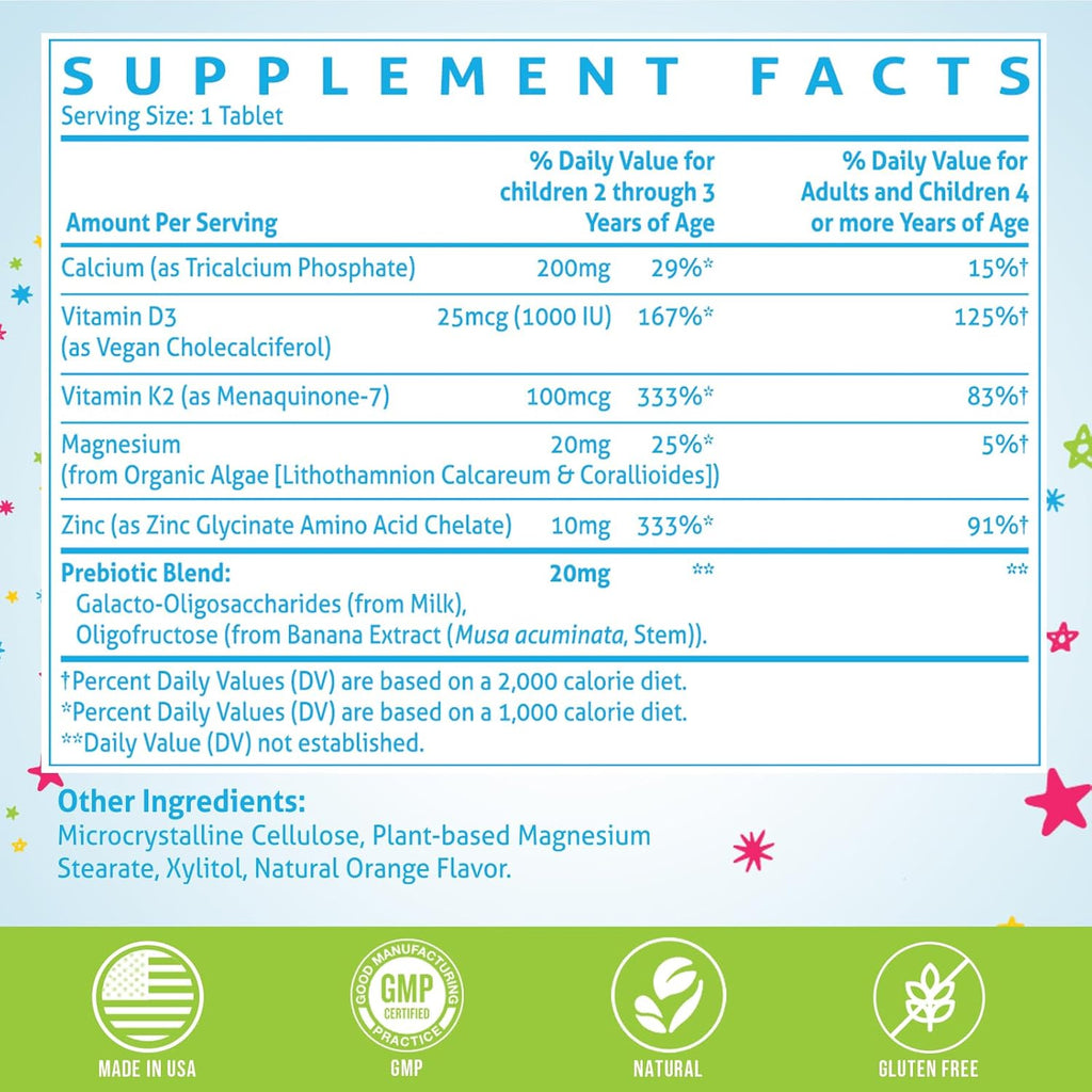 500 MG Calcium Supplement with Vitamin D3 & K2, Zinc, Magnesium & Prebiotics. Kids Vitamins for Kids' Height. Bone Strength, High Absorption, Orange Chewables, Non-GMO, Gluten Free, 60 Tabs