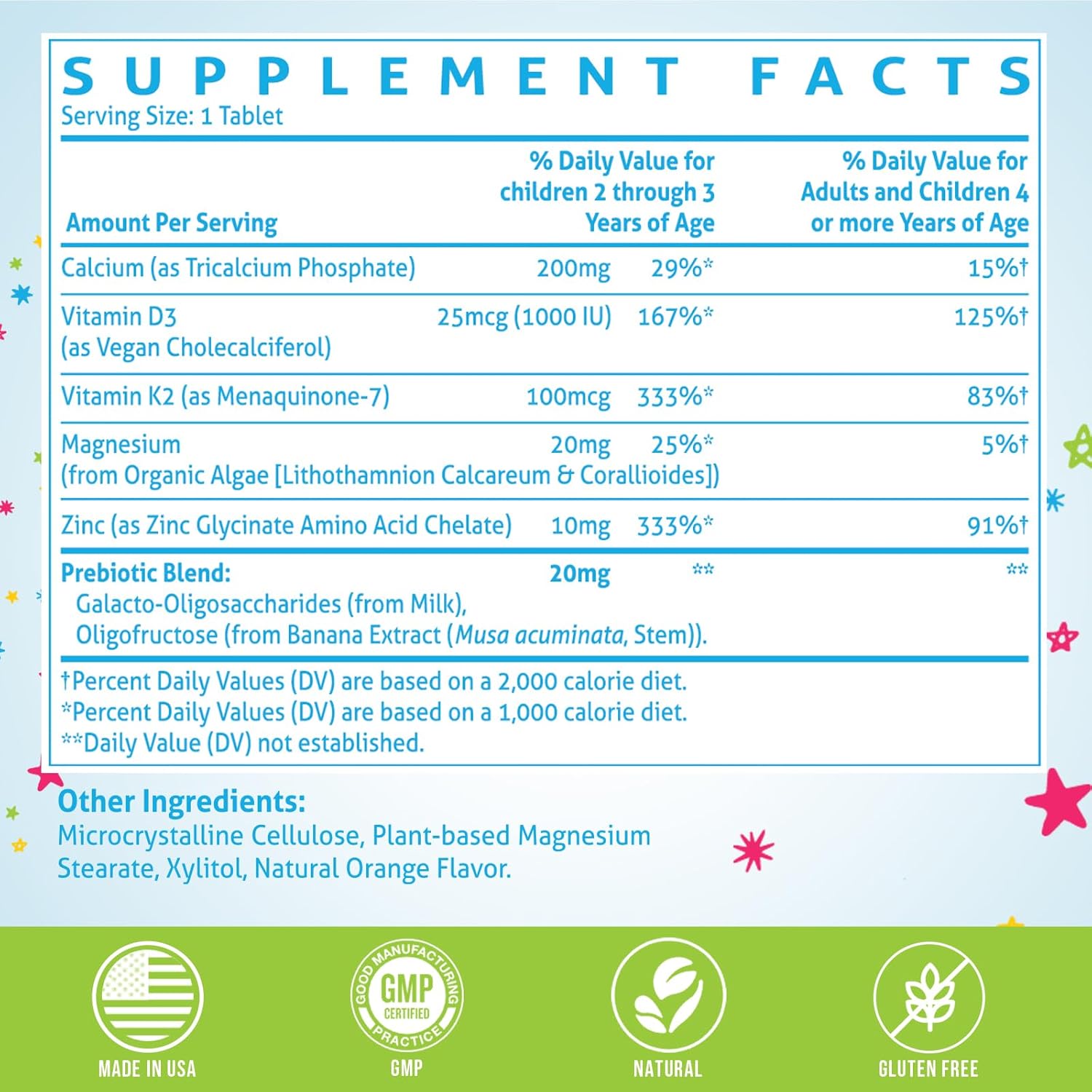 500 MG Calcium Supplement with Vitamin D3 & K2, Zinc, Magnesium & Prebiotics. Kids Vitamins for Kids' Height. Bone Strength, High Absorption, Orange Chewables, Non-GMO, Gluten Free, 60 Tabs