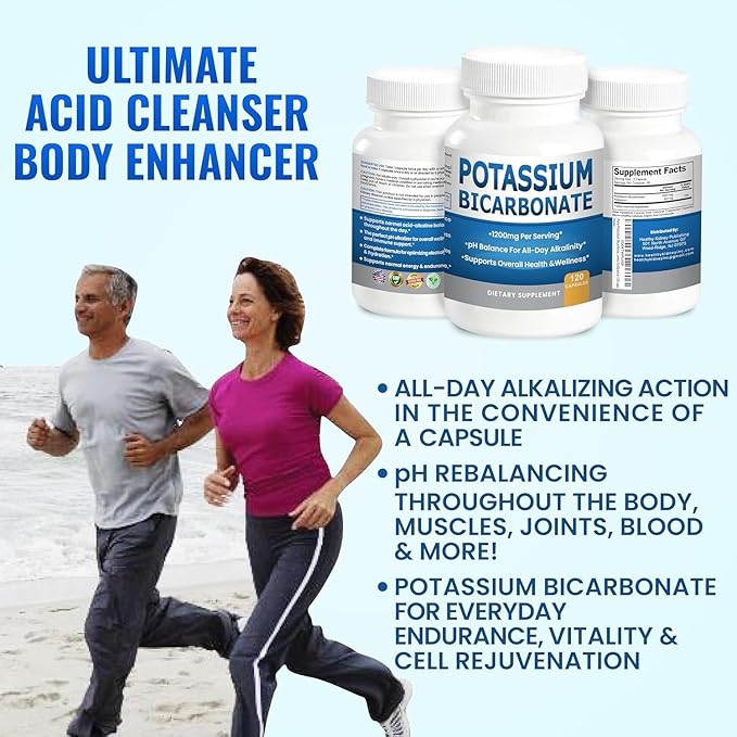 Pure Potassium Bicarbonate Supplement Capsules pH Balance Pills, High Potassium Electrolytes 1200mg Serv. USA Made Potassium Bicarbonate Food Grade, Acid-Alkaline Balance Immunity Endurance 2-Pack