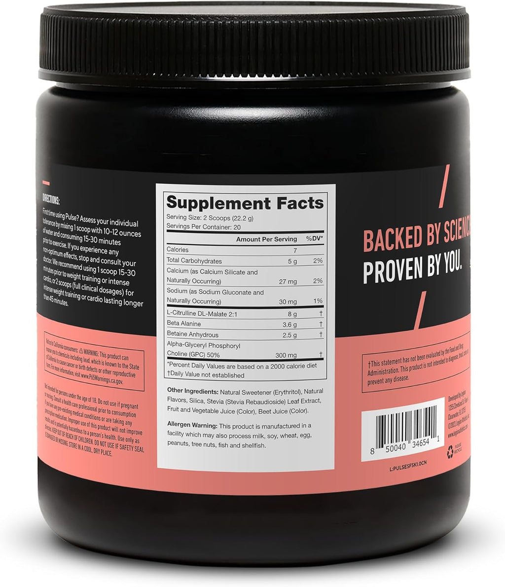 LEGION Pulse Pre Workout Supplement - All Natural Nitric Oxide Preworkout Drink Creatine Free Naturally Sweetened Beta Alanine Citrulline Alpha GPC - Caffeine Free Strawberry Kiwi Pre Workout Powder