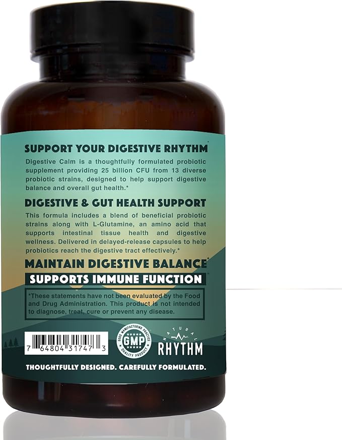 Natural Rhythm Digestive Calm Probiotic + L-Glutamine – 25 Billion CFU, 13 Strains, Digestive & Immune Support Supplement, Vegetarian Capsules (60 Count)
