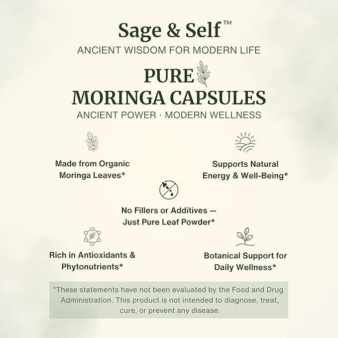 Sage & Self Pure Moringa Capsules – Moringa Leaf Powder for Natural Energy & Daily Wellness – Vegan Herbal Supplement (60 Capsules)