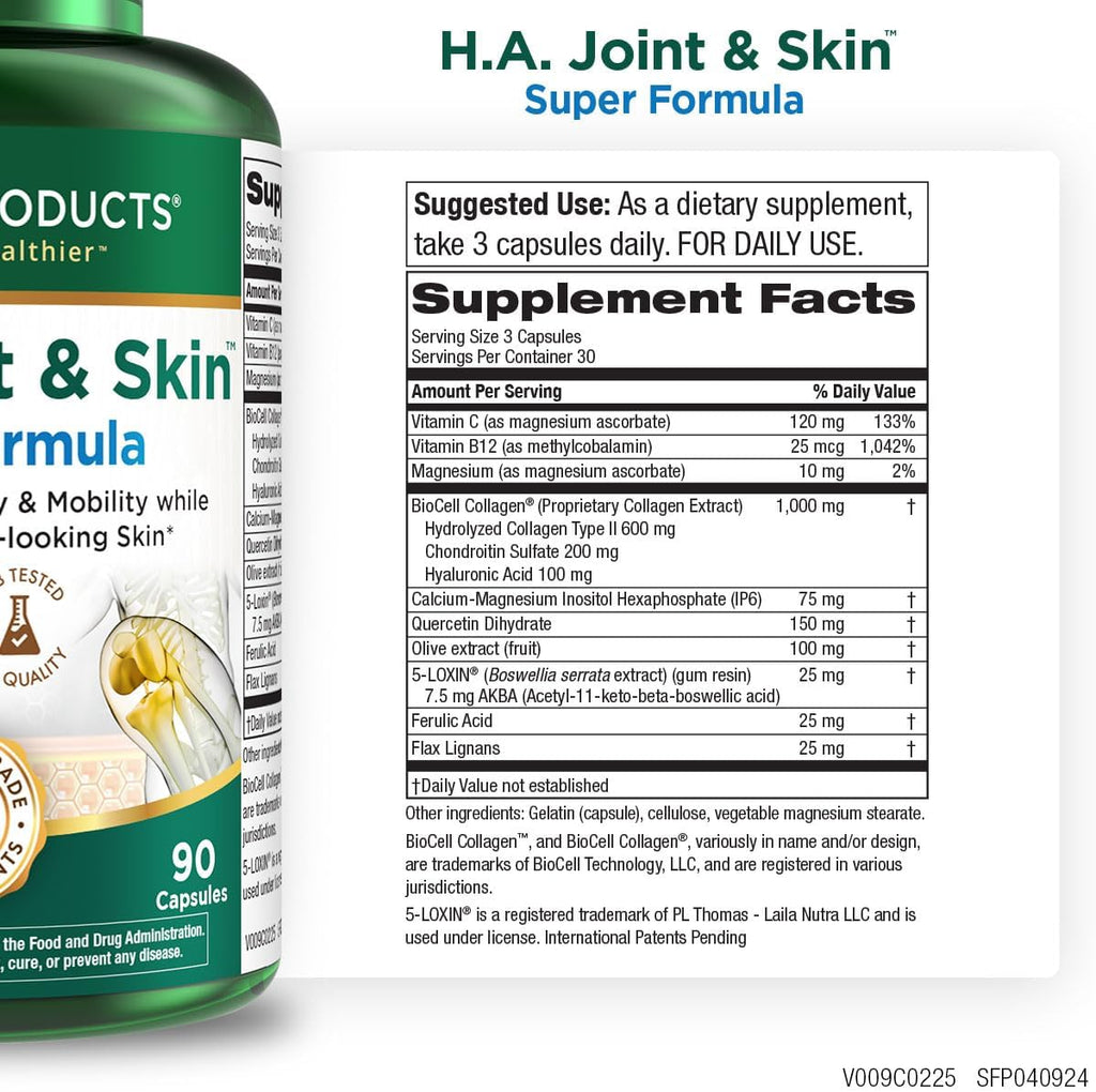Purity Products H.A. Joint and Skin Super Formula Biocell Collagen w/Hyaluronic Acid Supports Healthy Joint Flexibility, Healthy Synovial Fluid, and Lubrication - 5-Loxin - 90 Capsules (1)