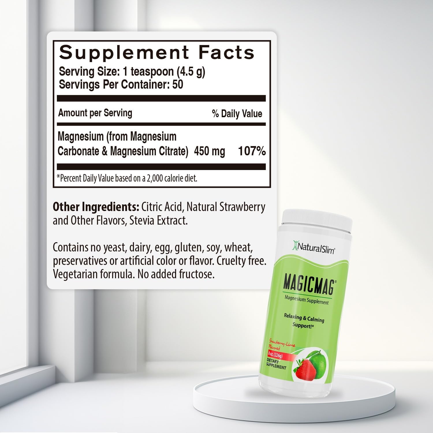 NaturalSlim Magicmag Pure Magnesium Citrate Powder – Stress, Constipation, Muscle, Heart Health, and Sleep Support | Natural Strawberry & Lime Flavored Magnesium Supplement - 8oz Drink Mix (Solo)