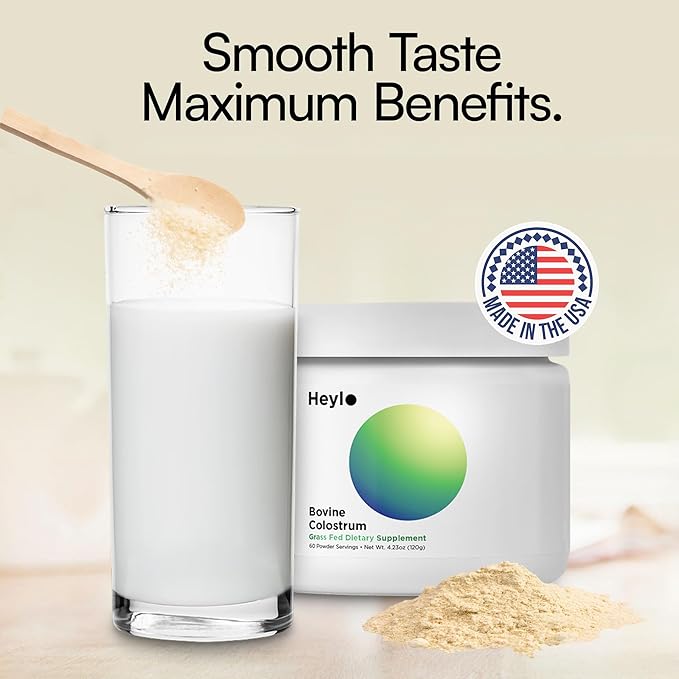 Heylo Premium Colostrum Powder – 100% Pure, Grass-Fed Bovine 40% IgG Supplement, Natural Gut Health Bloating Immunity Skin & Hair, Muscle Recovery, Rich in Immunoglobulins, 60 Servings