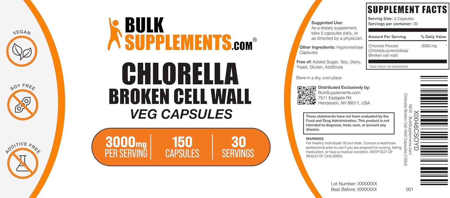 BulkSupplements.com Chlorella Capsules - Broken Cell Wall, Chlorella Supplement - Superfood Supplement, Vegan & Gluten Free, 5 Capsules per Serving, 150 Count (Pack of 1)
