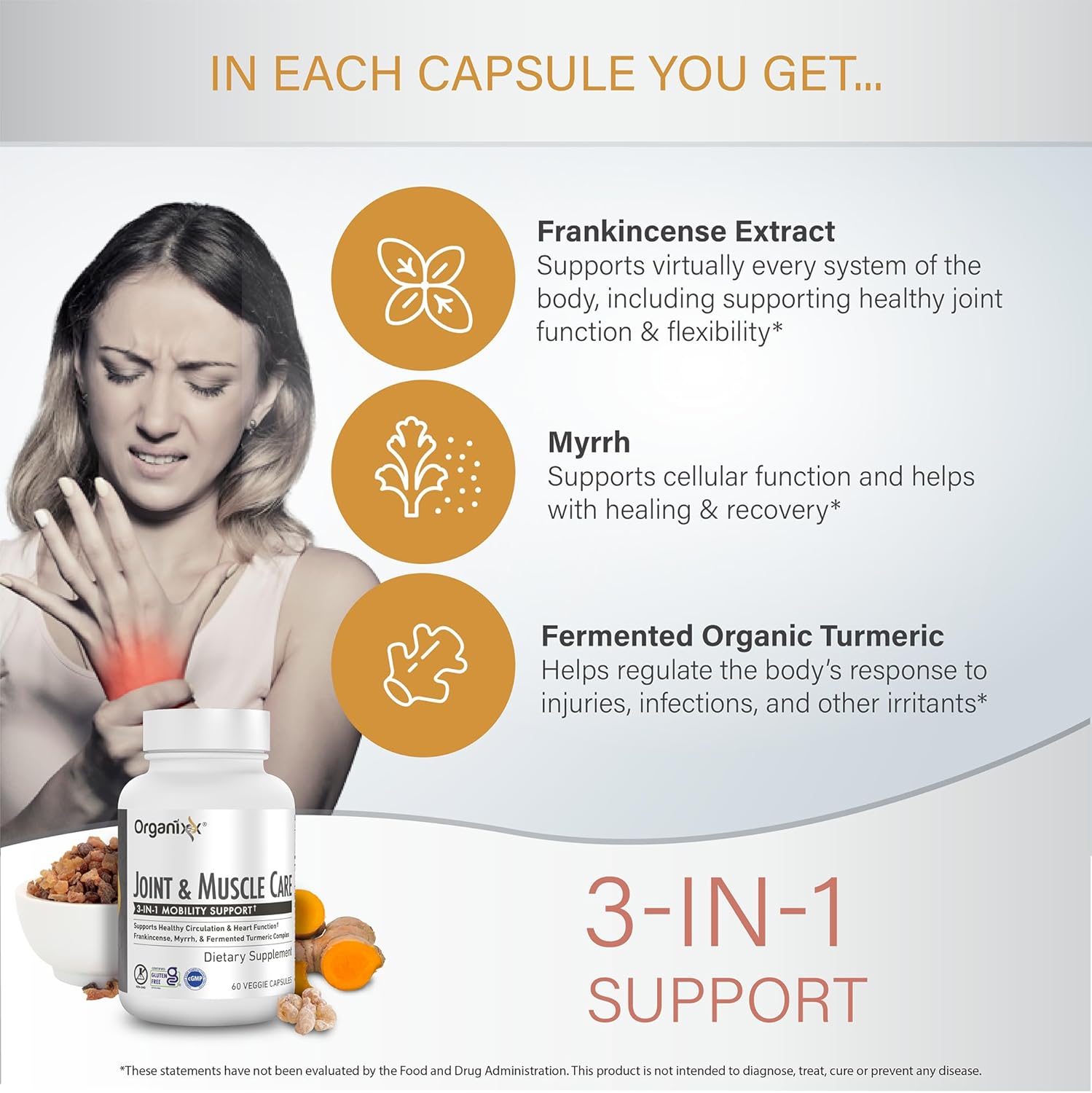 Organixx Joint & Muscle Care Organic Turmeric Supplement, 3-in-1 Frankincense, Turmeric and Myrrh Joint Health & Joint Support Supplement Body Care Capsules, Supports Swelling, Tension, 60 Capsules