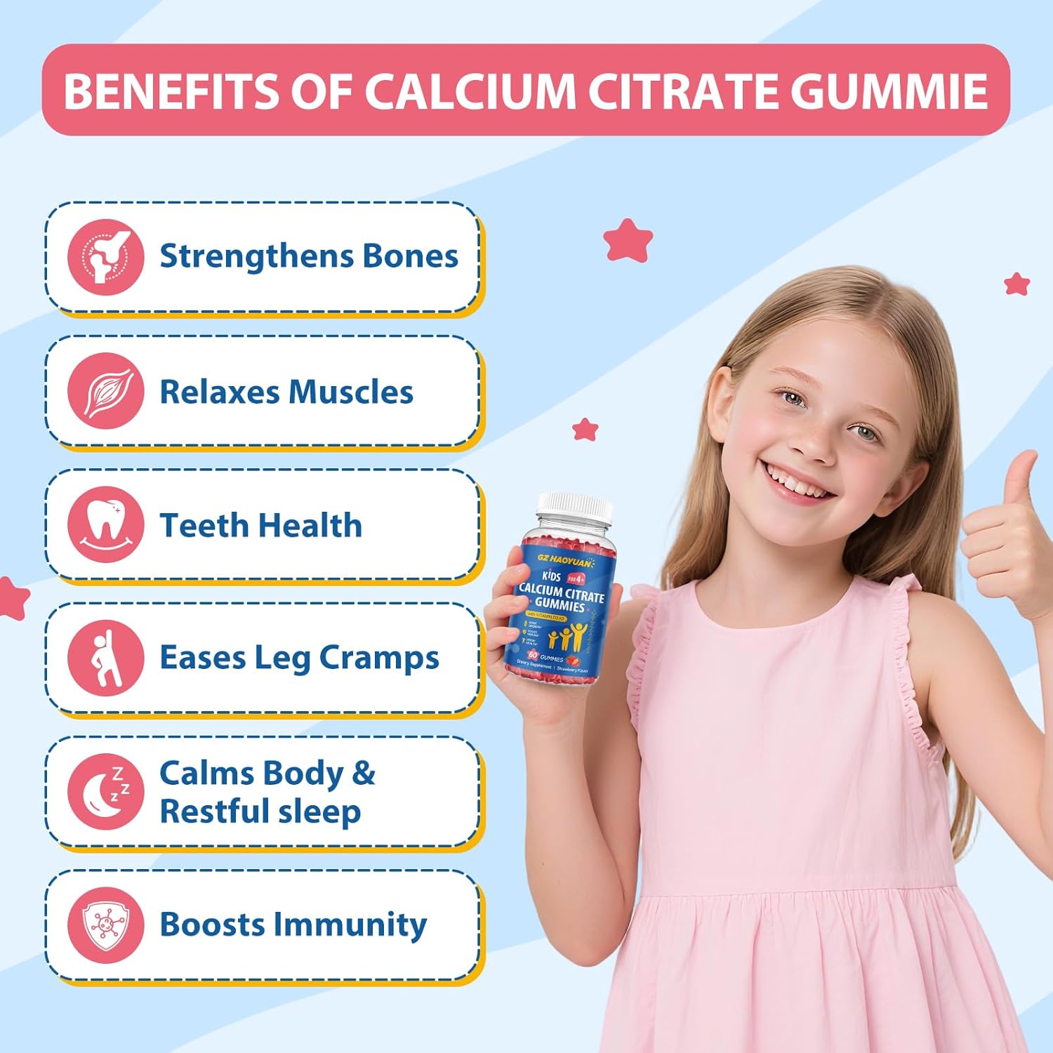 Calcium Citrate Gummies for Kids & Adults- Calcium Supplements with Vitamin D3, K2, Magnesium, Zinc for Bone, Muscle & Immune Support, Sugar Free Calcium Gummies Strawberry Flavor 60 Count