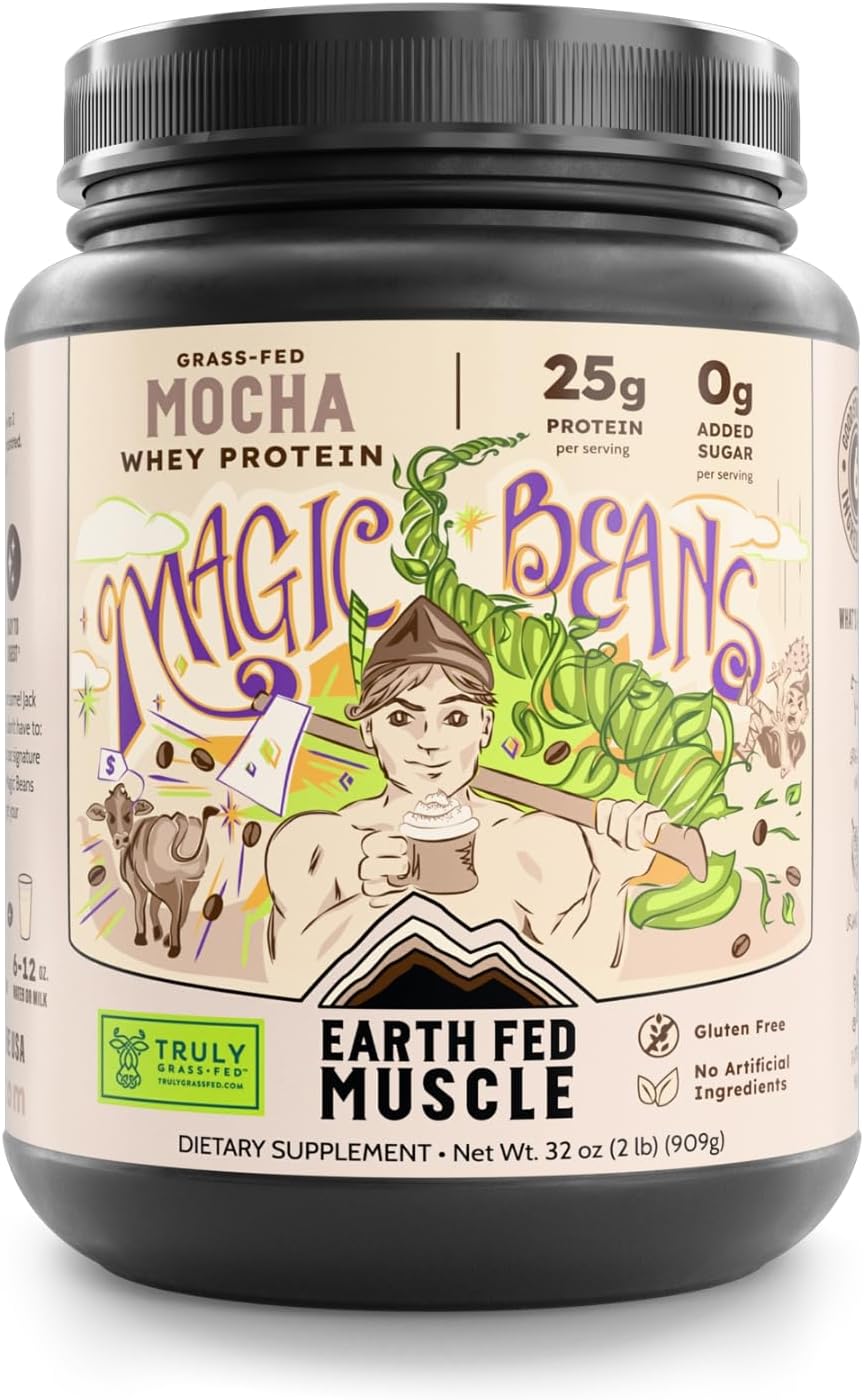 Earth Fed Muscle Magic Beans Mocha Truly Grass Fed Whey Protein Powder - No Artificial Ingredients, Soy Free, Gluten Free, Non-GMO and Hormone Free (2 Pound, 29 Servings, Mocha)