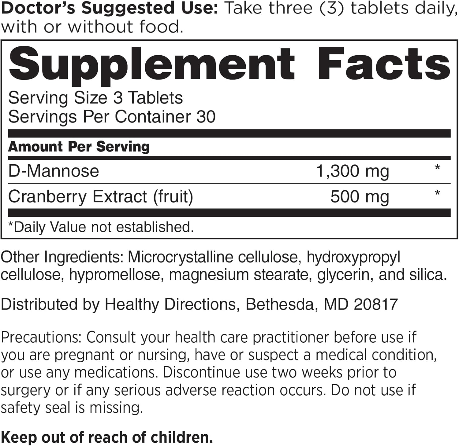 DOCTORS' PREFERRED D-Mannose 1300 MG with Cranberry 500 MG Supplement - Premium Formula (90 Vegan Tablets)