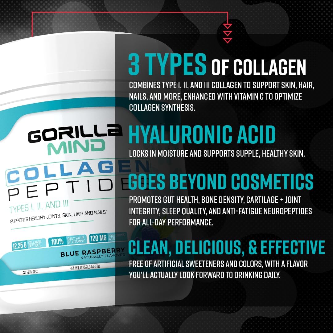 Gorilla Mind Collagen Peptides Powder - Joint & Bone Health/Great for Hair, Skin & Nails/Sleep Support/Types I, II, III/Mix in Water, Juice or a Smoothie - 426g (Mixed Berry)