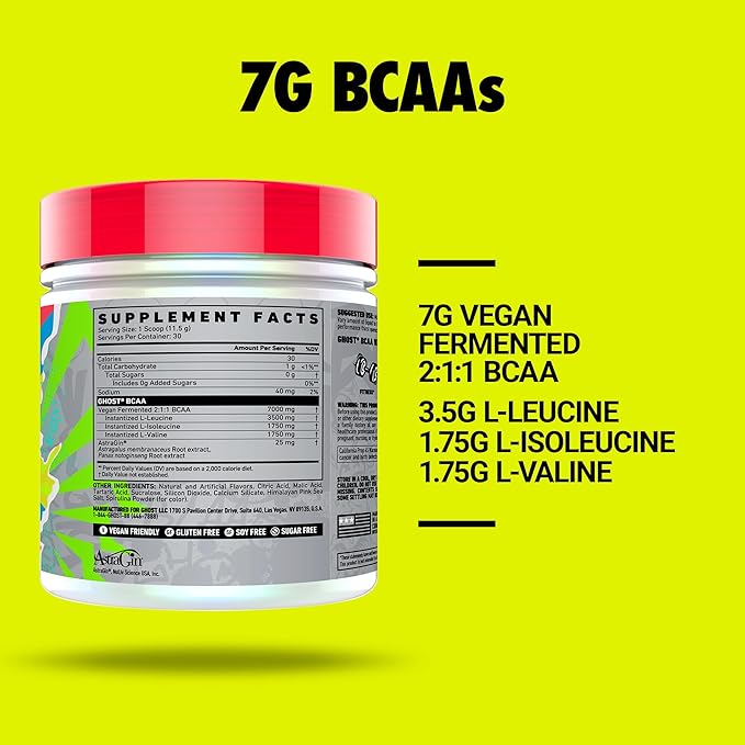 GHOST BCAA Powder Amino Acids Supplement, Blue Raspberry - 30 Servings - Sugar-Free Intra, Post & Pre Workout Amino Powder & Recovery Drink, 7G BCAA