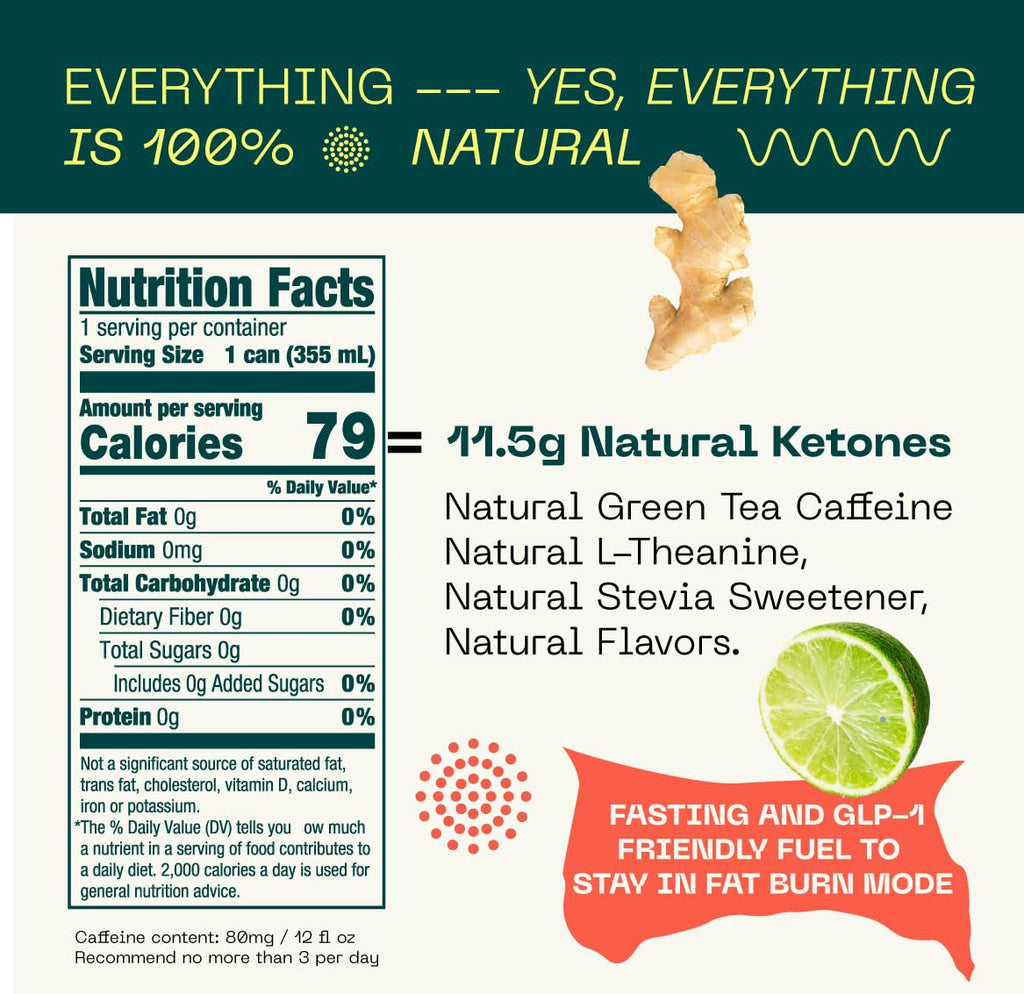 KEY Ketone Energy Drink - Sugar Free, 80mg Low Caffeine, All Natural, 11.5g Ketones, Long Lasting Energy, Green Tea & L-Theanine for Mental Focus, Ginger Lime (Pack of 12)