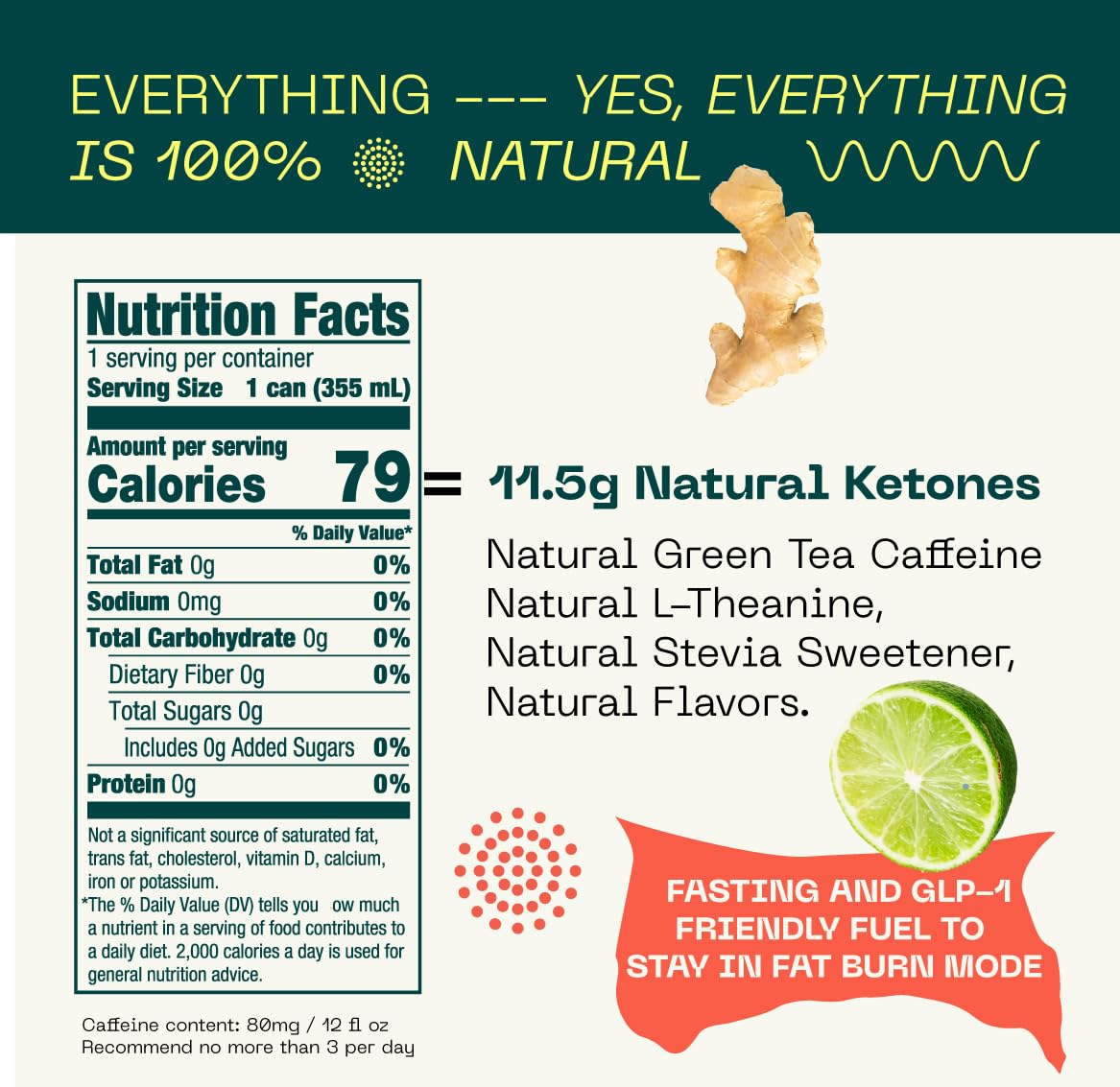 KEY Ketone Energy Drink - Sugar Free, 80mg Low Caffeine, All Natural, 11.5g Ketones, Long Lasting Energy, Green Tea & L-Theanine for Mental Focus, Ginger Lime (Pack of 12)