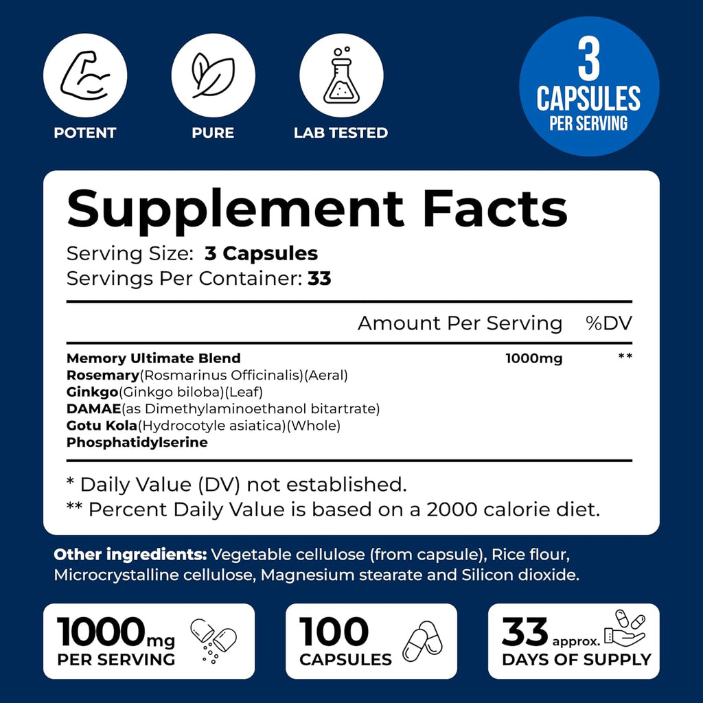 We Like Vitamins Phosphatidylserine Supplement with Gingko Biloba, Gotu Kola, DMAE - Improves Focus, Memory, Cognitive Function - Soy-Free 1000mg Memory Ultimate Complex - 100 Easy-to-Swallow Capsules