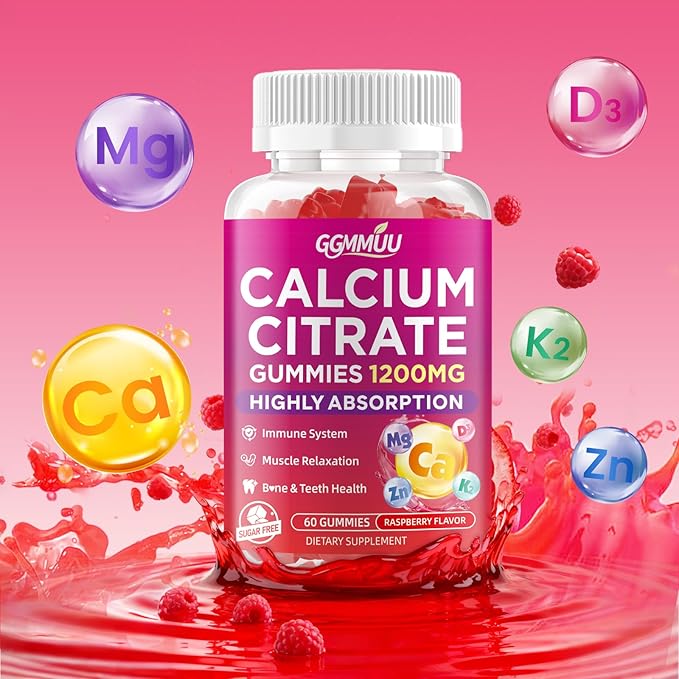 Calcium Citrate Gummies 1200mg, High Absorption Calcium Supplements for Women & Men, Sugar Free Calcium Gummies for B0ne, Muscle & Immune Support, Non-GMO, Vegan, Raspberry Flavor, 60 Count