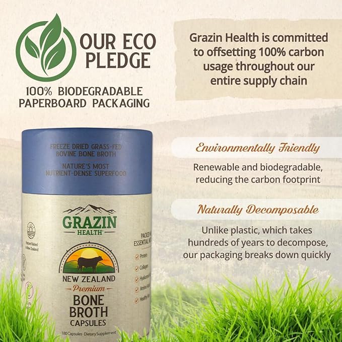 Freeze-Dried Grass-Fed Bovine Bone Broth Capsules – 3000mg Per Serving – Collagen, Protein & Amino Acids – Pasture-Raised in New Zealand, Manufactured in USA – 30 Servings