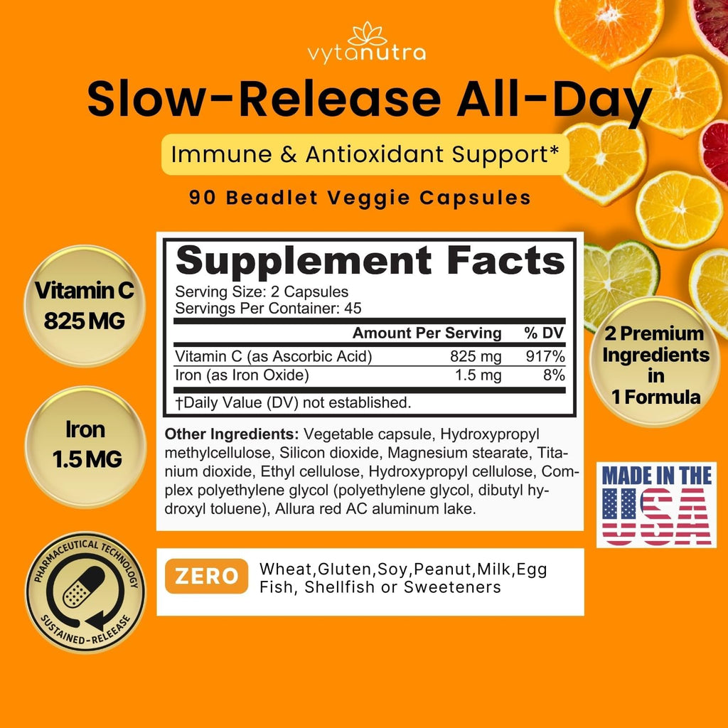 Immune Support Vitamin C – with Iron, Non-GMO, Vegan, Gluten-Free, Slow Release Beadlet Capsules, 90 Count