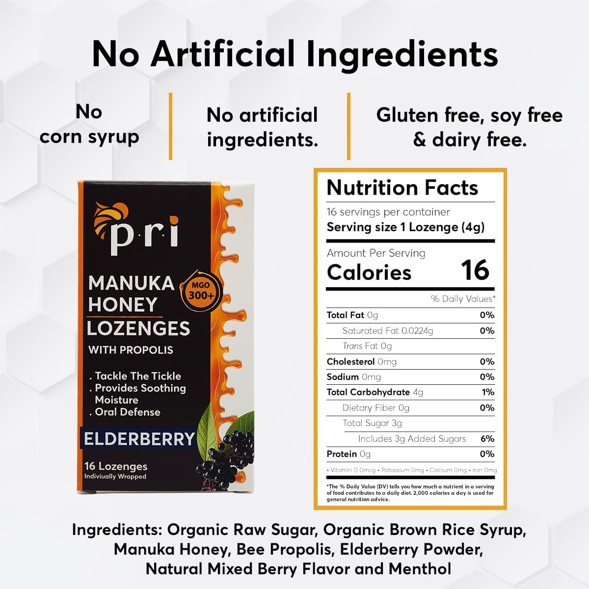 P.R.I Manuka Honey Lozenges with Propolis, Soothing Cough and Throat Drops, MGO 300+ Certified, (Elderberry, 16 Count)